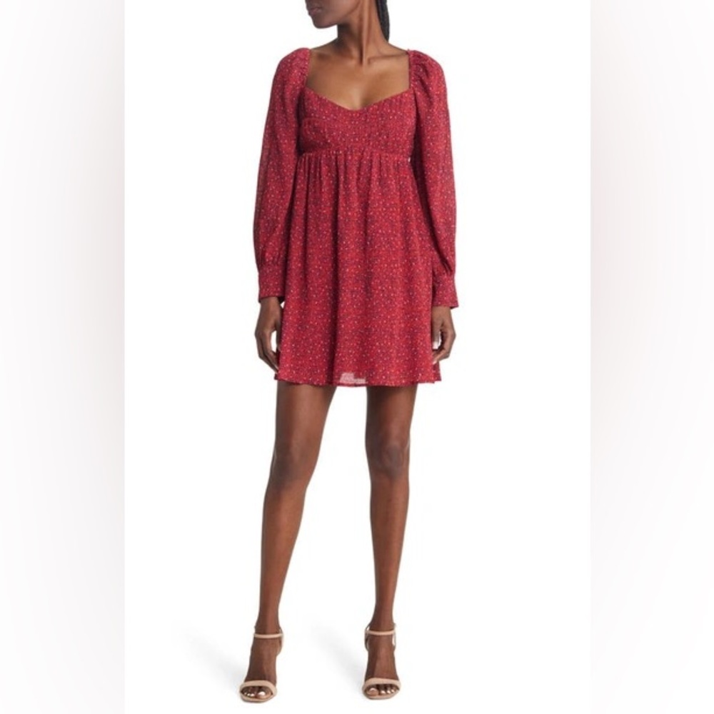 CHARLES HENRY Print Long Sleeve Babydoll Dress In Red Dot